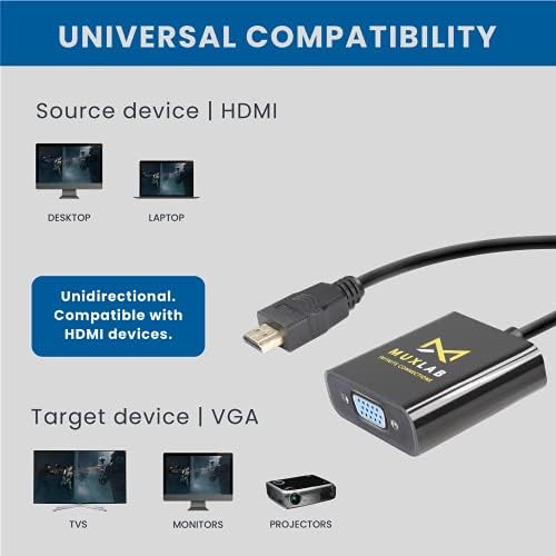 MUXLAB HDMI למתאם VGA | זכר לנקבה | 1080p מלא HD | HDMI 1.3 | DVI 1.0 | למחשב, מחשב נייד, נגן מדיה, מקרן, צגים | אין כוח חיצוני | תקע ושיחק | אין נהג